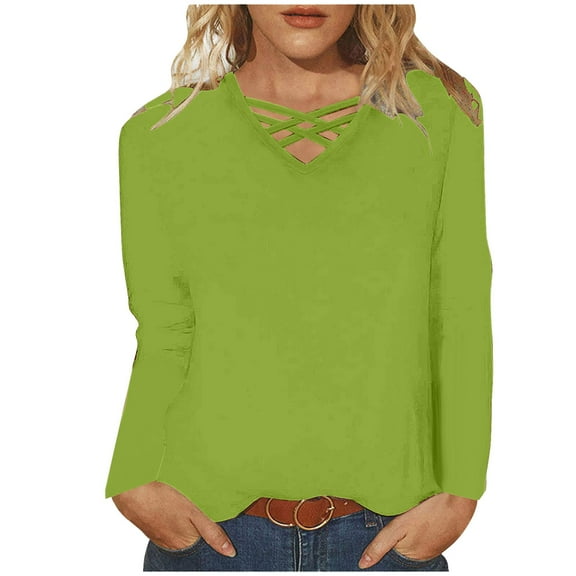 GuangCheng Women Tops Dressy Casual 3/4 Length Sleeve T Shirts V Neck Criss Cross Blouses