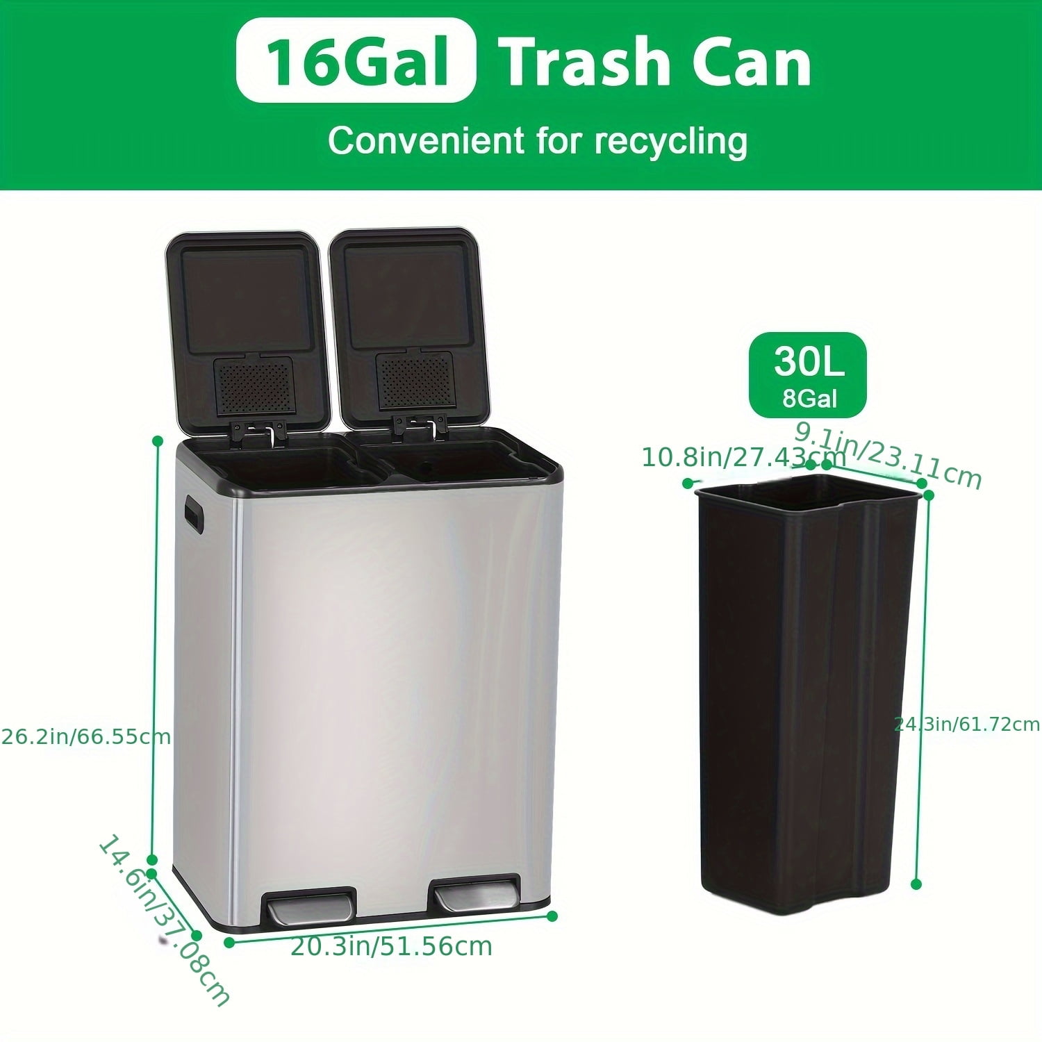 Kitchen Trash Can, 16 Gallon Garbage Can with Dual Inner Bins, Large Capacity 60 Liter Trash Can with Soft-Close Foot Pedal, Wide Stainless Steel Trash Bin, Rectangular Recycling Bin, Sliver
