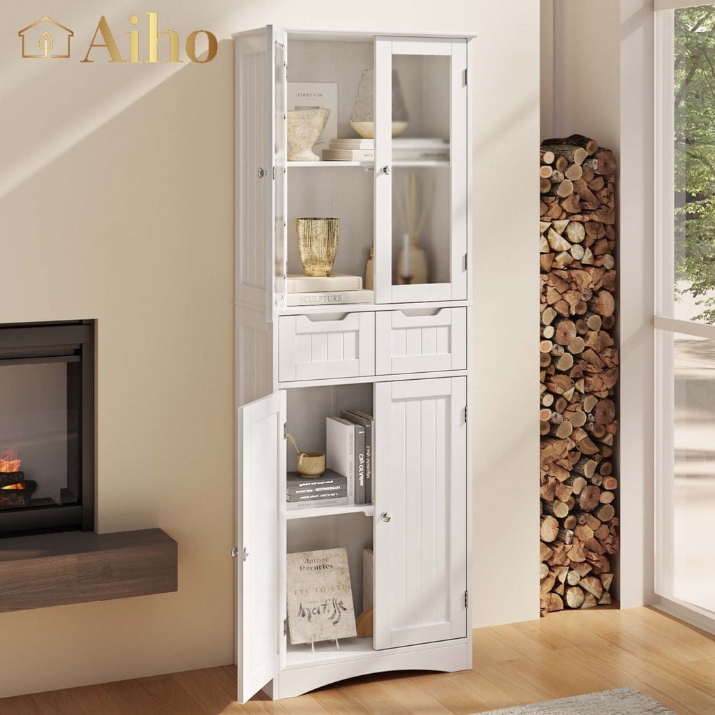 Aiho 67" Kitchen Pantry Storage Cabinet, Pantry Storage Cabinet with 2 Drawers and Glass Doors for K(图4)