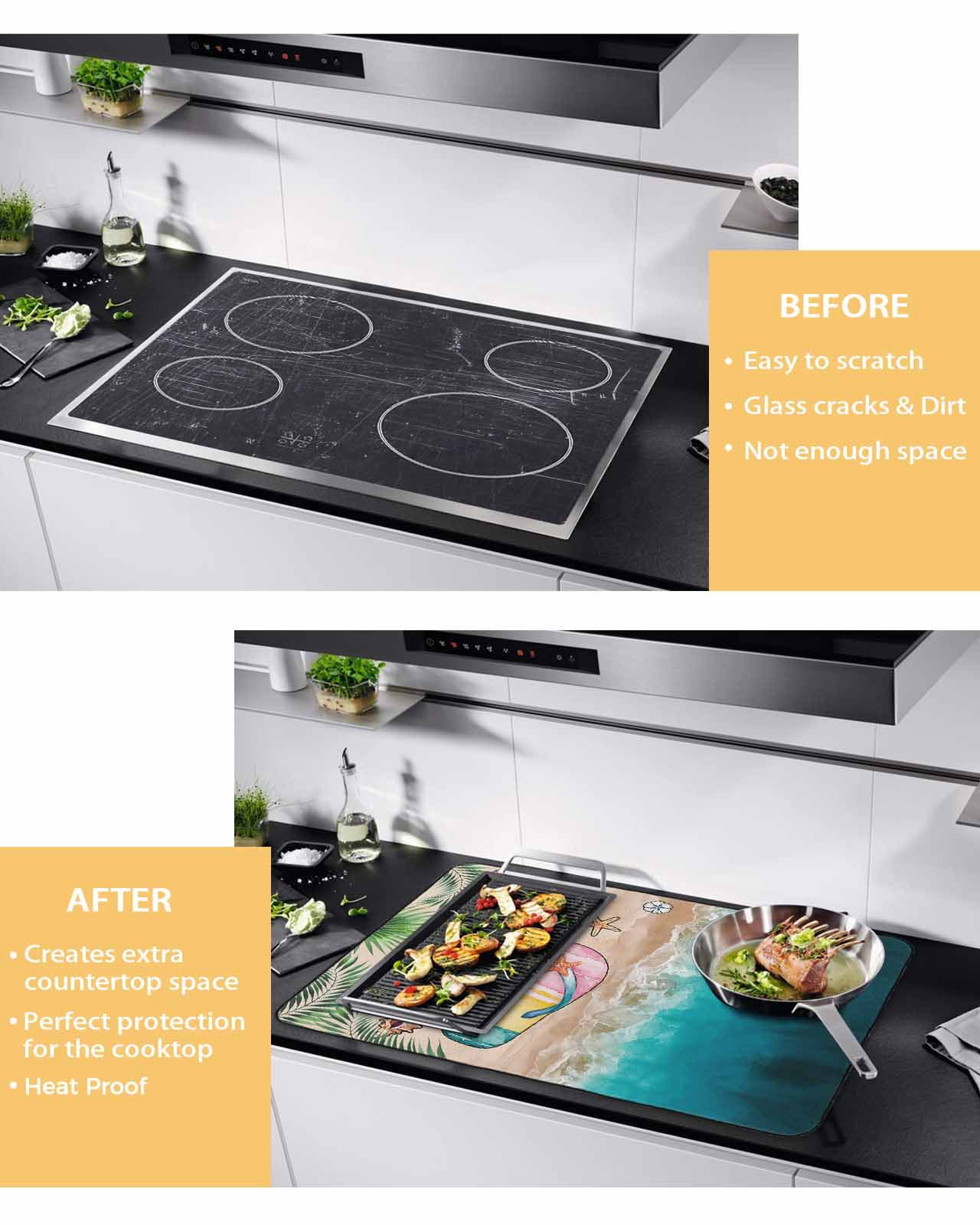 nqOlkjepod Large Induction Cooktop Protector Mat 24"x21", Summer Beach Coastal Stove Top Covers for Electric Stove, Slippers Palm Leaf Shells Coral Stove Burner Cover Mats, Glass Top Stove Cover