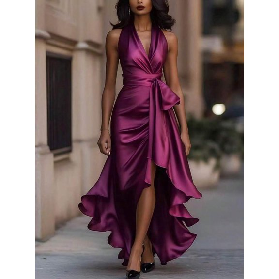 Womens Elegant Purple Satin High-Low Ruffle Evening Gown