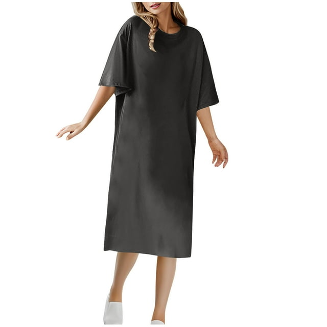Timegard Robe de Nuit pour Femmes Été Col Rond Manches Courtes Confortable Ample Couleur Unie Décontractée Vêtements de Maison
