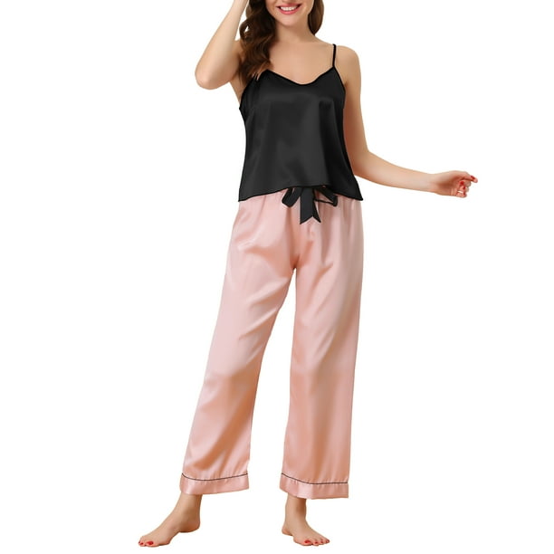 Unique Bargains Women s Camisole Cami Pants Sets Sleepwear Nightwear Satin Pajama Party Sexy Silky Summer Pjs Set X Small Black Pink Walmart