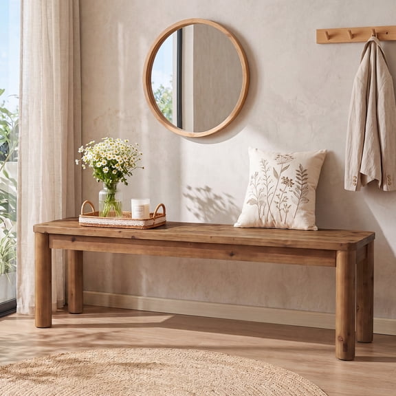 55-Inch Solid Wood Entryway Bench, Farmhouse Wooden Bench for Bedroom, End of Bed, Hallway, Living Room & Front Entry, Rustic Shoe Bench