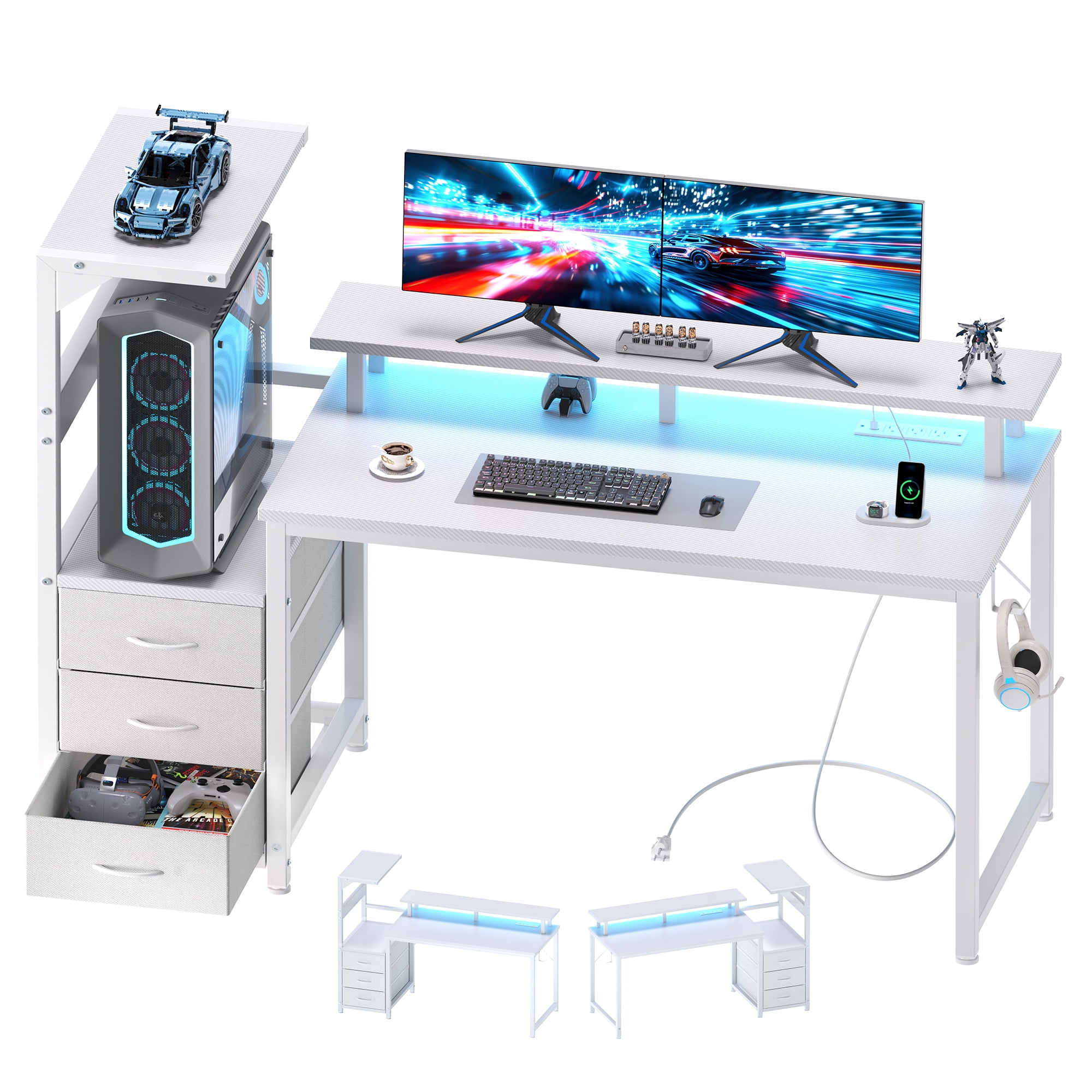 CONCETTTA Gaming Desk, 52 Inches, With Shelf Storage Drawers, White Computer Desk With Led Lights And Power Sockets, Office Wooden Desk With Pc Stand And Cable Management