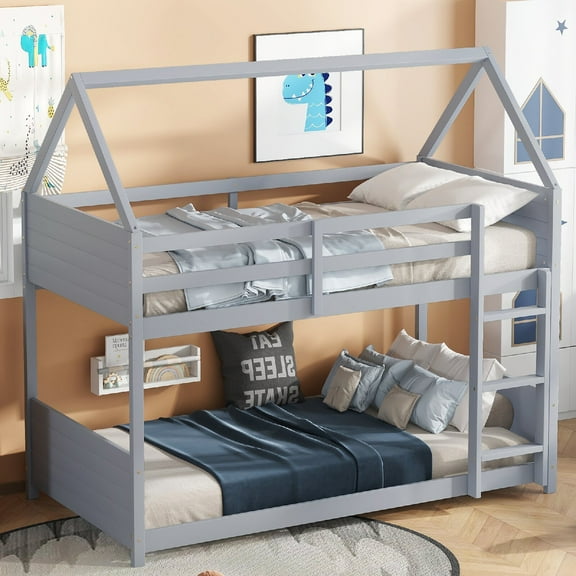 Twin Over Twin House Floor Bunk Bed Frame Headboards and Footboards, Rubber Wood Bunk Bed with Safety Guardrails and Ladder for Bedroom, Apartment, Dorm, Mattress Not Included, Grey