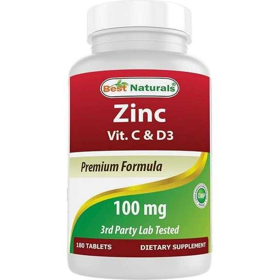 Best Naturals Zinc 100 mg with Vitamin C & D3 180 Tablets Gluten Free and Non-GMO
