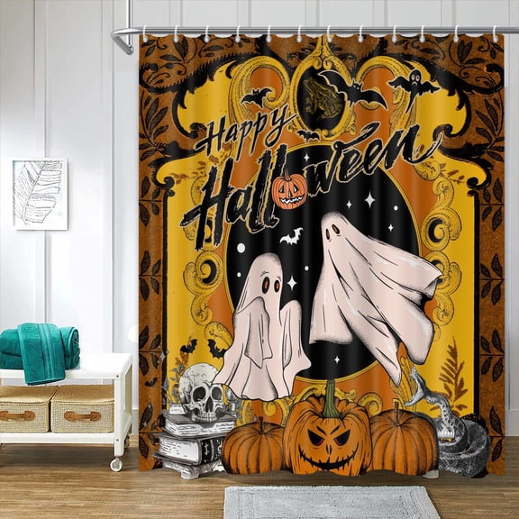Vintage Happy Halloween Ghost Pumpkin Skull Bat Print Shower Curtain For Bathroom Decor Waterproof Fabric Bath Accessory