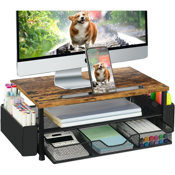 Wood Desk Organizers and Accessories, 2-Tier Computer Monitor Stand Riser with Drawer, Pen Storage & Phone Holder, Office Desk Accessories, Workspace Desktop Organization for Office Supplies(Brown)