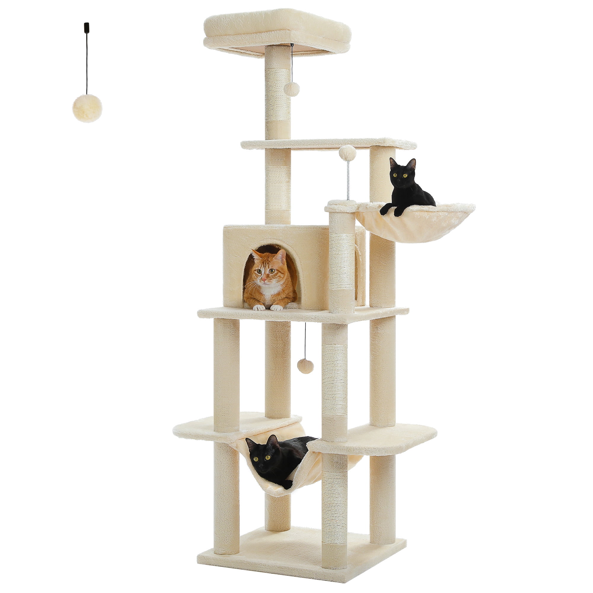 PAWZ Road 64" Cat Tree with Multi-Level Scratching Post Tower Large Hammock for Indoor Kittens Cats, Beige