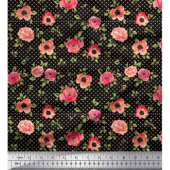 Soimoi Black Cotton Duck Fabric Leaves & Blooming Camellias Floral Fabric Prints By Yard 44 Inch Wide