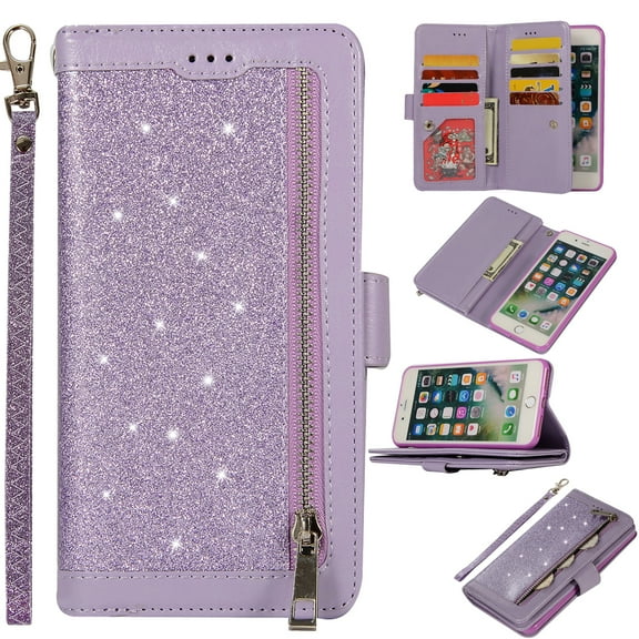 Zipper Wallet Case for iPhone 8 Plus iPhone 7 Plus 5.5-inch, Allytech Bling Glitter Leather Case with 9 Credit Card Holder Flip Magnetic Closure Stand Cover with Cash Pocket and Hand Strap, Purple