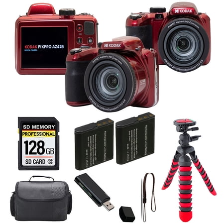 Kodak PIXPRO AZ425 Digital Camera (Red)+ Spider Tripod + Case - 128GB Kit