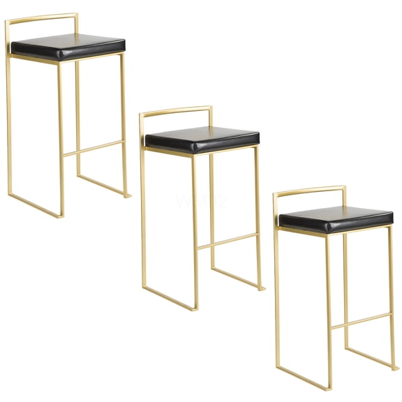 Gold and Black Faux Leather Bar Stools, Set of 3 Stackable Counter Height Stools for Kitchen Island, Modern Padded Seat Barstools
