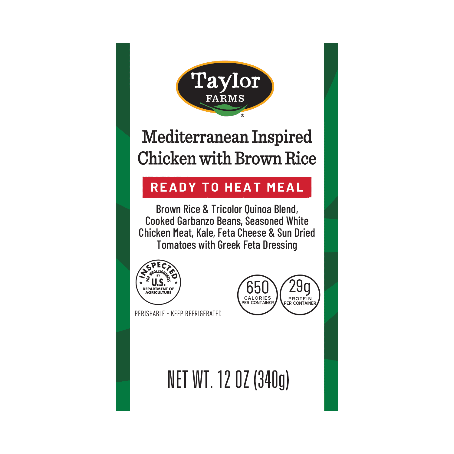 Taylor Farms Mediterranean Inspired Chicken with Brown Rice, Microwave Ready Single Serve Meal, 12 oz, Fresh