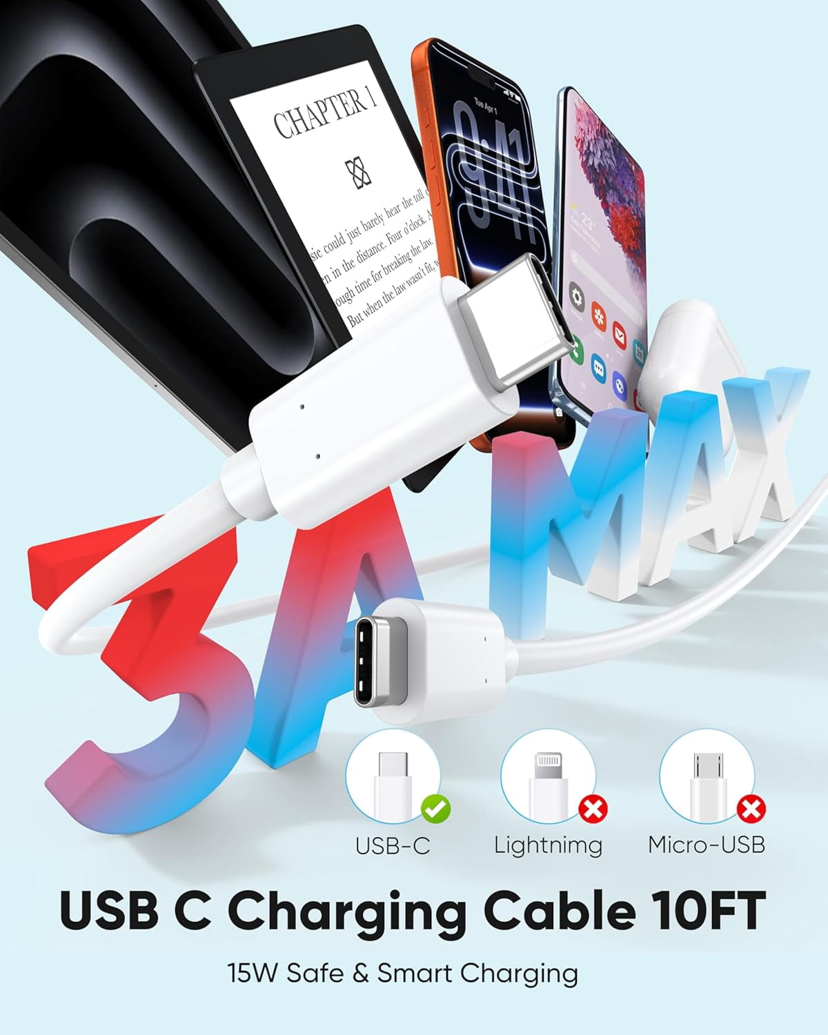 Charging cable 10 feet 2 pack, 3/15 fast charging, long cable suitable for charger & 480, white cable 10 feet suitable for 17-15, 25,,, &