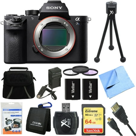 Sony a7S II Full-frame Mirrorless Interchangeable Lens Camera 64GB Bundle includes a7S II Body, 64GB Memory Card, Wallet, Reader, Bag, Beach Camera Cloth, 62mm Filter Kit, Batteries, Charger and