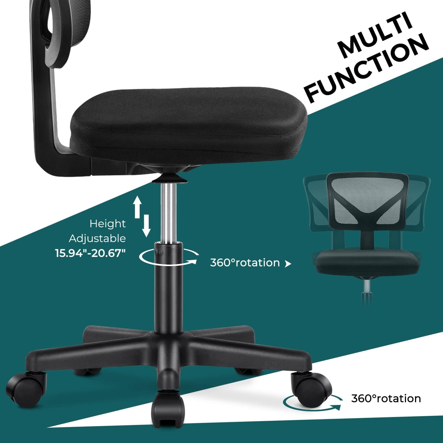 Armless Mesh Office Chair, Ergonomic Low-Back Swivel Desk Chair with Wheels and Lumbar Support, Height Adjustable, Black