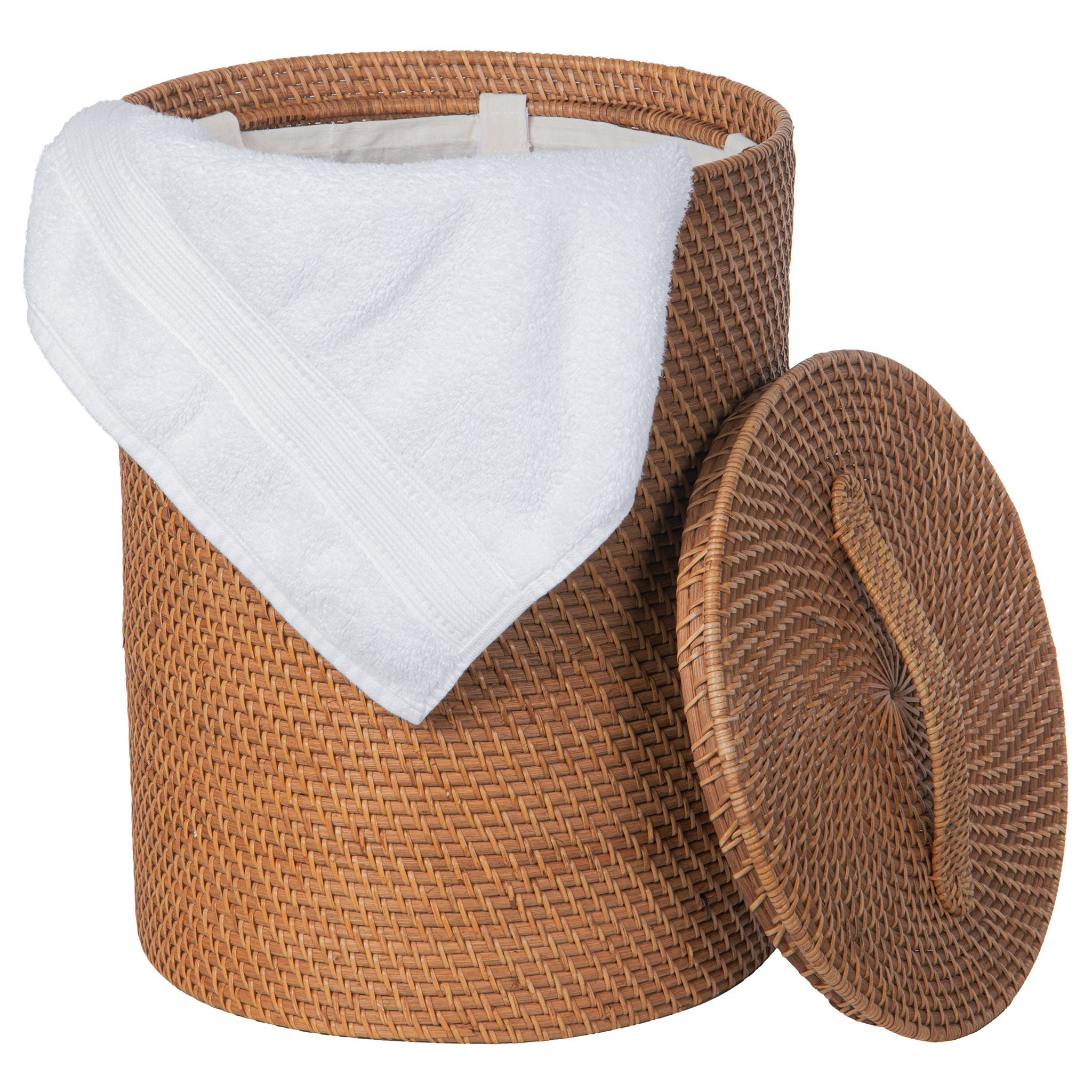 Kouboo Loma Round Rattan Hamper, Handmade Wicker Laundry Basket with Lid & Removable Liner, Honey Brown