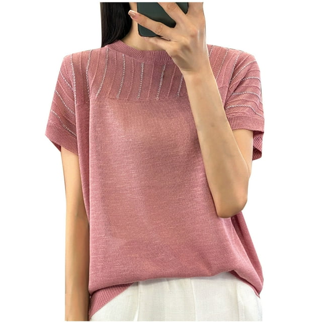 Jusqu'à 60 % de Rabais, Blouses à Manches Courtes en Tricot Uni Décontractées pour Femmes, Col Rond, Style Décontracté, Élégant et Chic/polyester, Rose, Sopatenor