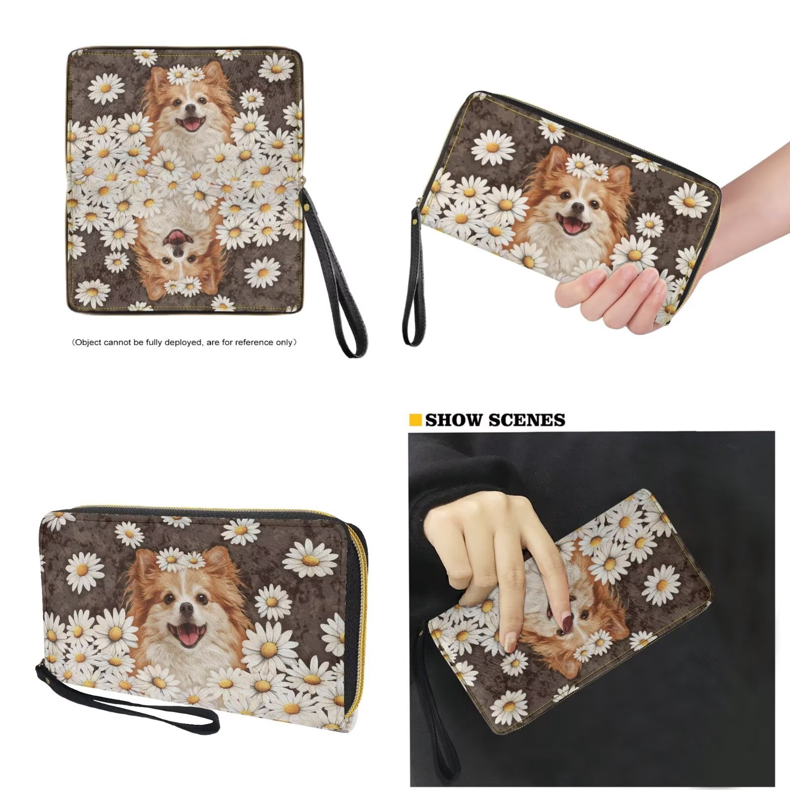 TSOVTHRID Pomeranian Dog Daisy Print Purse for Women Pu Leather Shoulder Purse Top Handle Tote Satchels with Wallet Large Capacity Handbag Wallet Set for Shopping Walking, Beige