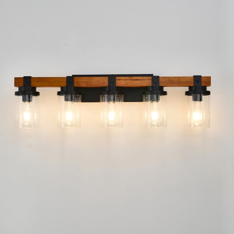 TICOZE 5-Light Matte Black and Wood Wall Lamps with Glass Lamp Shades Vanity Lighting Fixtures for Bathroom Kitchen Dining Room (Bulbs Not Included)