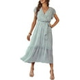 thumbnail image 3 of Femmes Boho Floral Robe Wrap V Cou Manches Courtes Ceinturée Ourlet A-Line Flowy Maxi Robes, 3 of 14