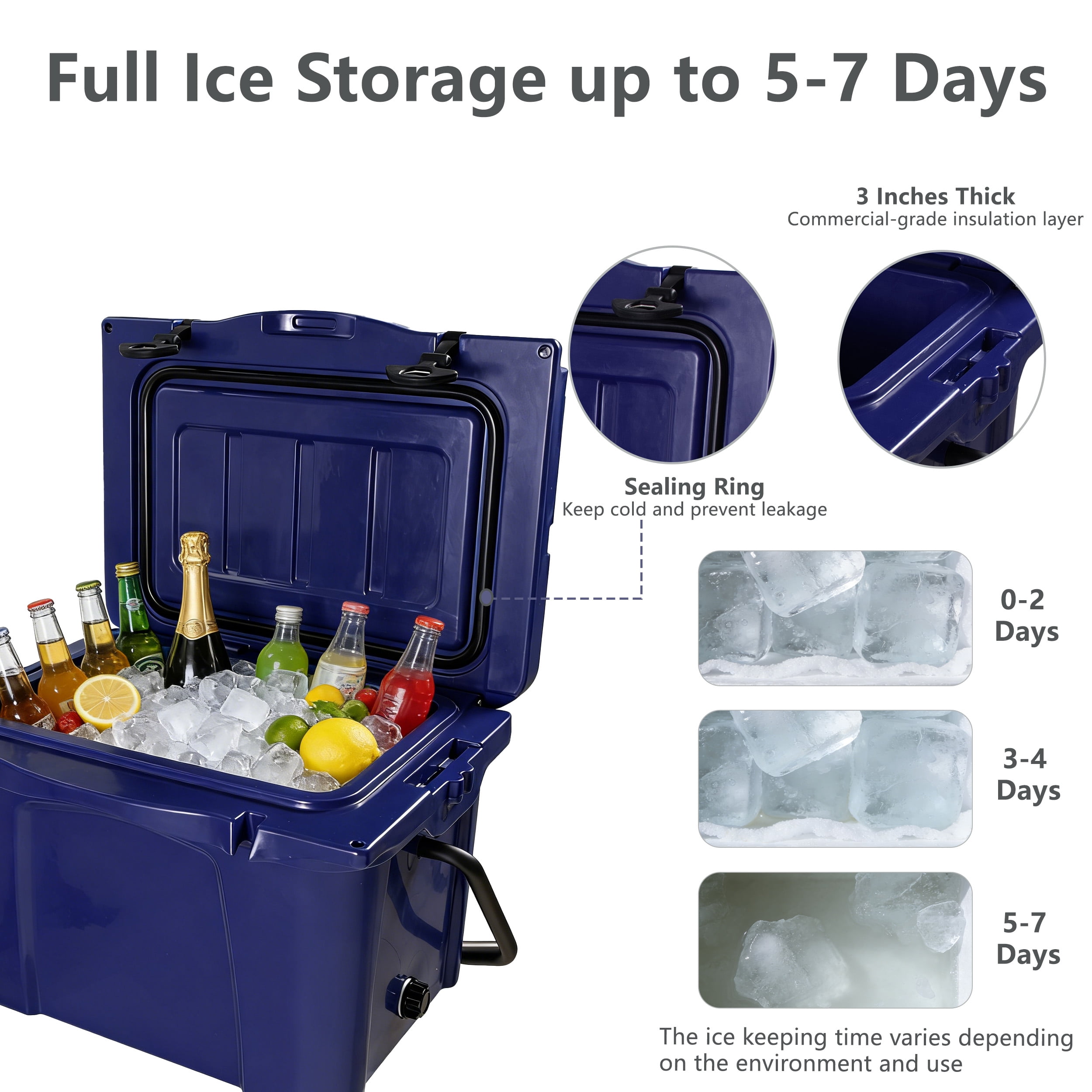 25QT Portable Cooler, Insulated Hard Ice Chest, 5-7 Day Ice Retention, Bottle Opener & Cup Holder for Beach Camping Fishing – Blue