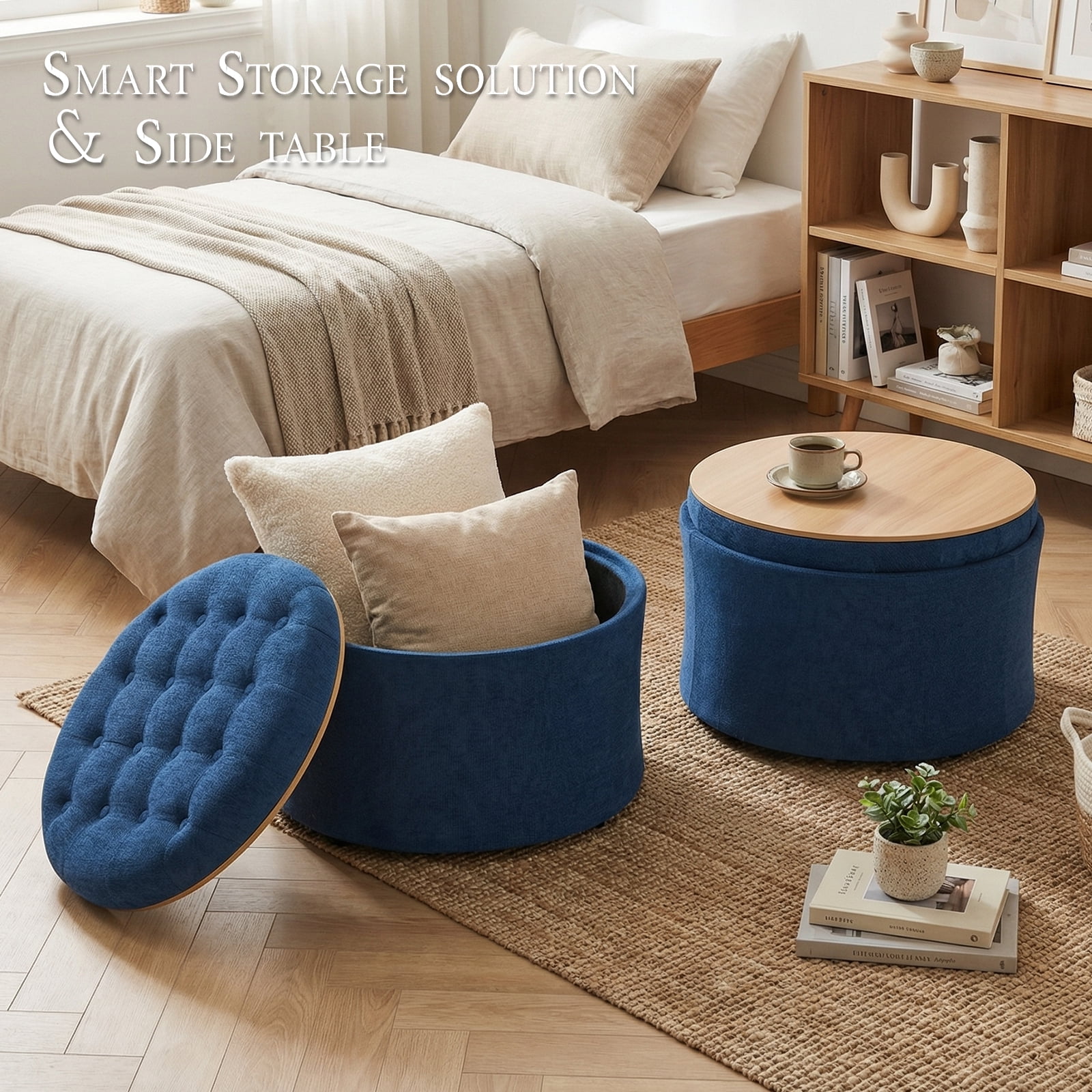 Dovov Round Ottoman with Storage and Reversible Tray, 25" Upholstered Footrest Coffee Table Button Tufted Storage Ottoman Foot Stool, Blue