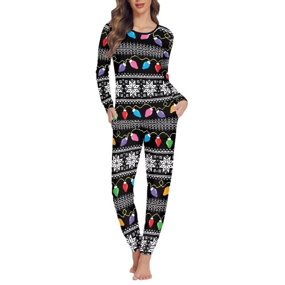 Renewold Women's Aztec Ethnic Pajama Set of 2 Softness Home Athletic Clothing Sleepwear and Pants Christmas Lihgts Snowflake Long Sleeve Shirts Size M
