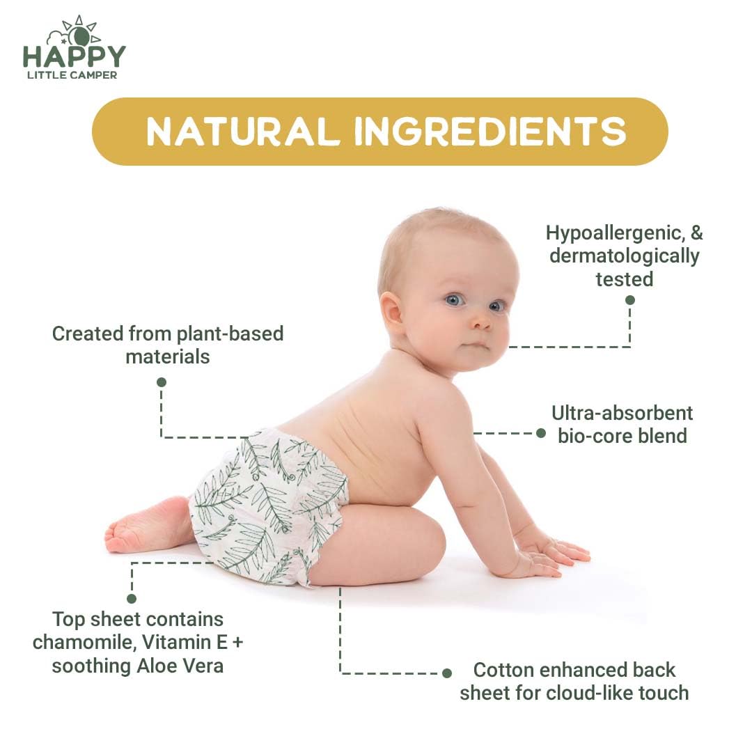 Happy Little Camper Ultra-Absorbent Natural Baby Diapers Size 1 - Hypoallergenic & Chlorine-Free Disposable Diapers Safe for Sensitive Skin - Unscented Newborn Diapers - 36 Count