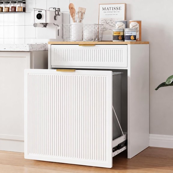 Pull Out Trash Can Cabinet, 2x10 Gallon Pet Proof Hidden Garbage Recycling Bin with Drawer, Freestanding Wooden Garbage Recycling & Laundry Hamper. Farmhouse Waste Bin for Kitchen, Living Room, White