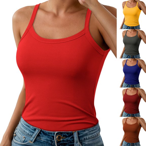 Shadoumai Women Spaghetti Strap Scoop Neck Ribbed Tank Tops Slim Fitted Cotton Camisole Basic Sleeveless Layering Shirts