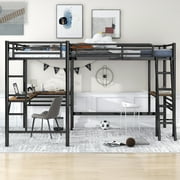 Euroco Metal L-Shaped Twin Size Loft Bed with Two Desk for Kids Teens Bedroom, Black