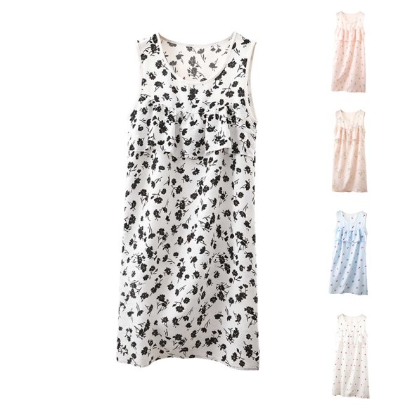 YHAJDS Womens Sleepwear Pajamas Dress Flounce Hem Print Sleeveless Crew Neck Lightweight Dress