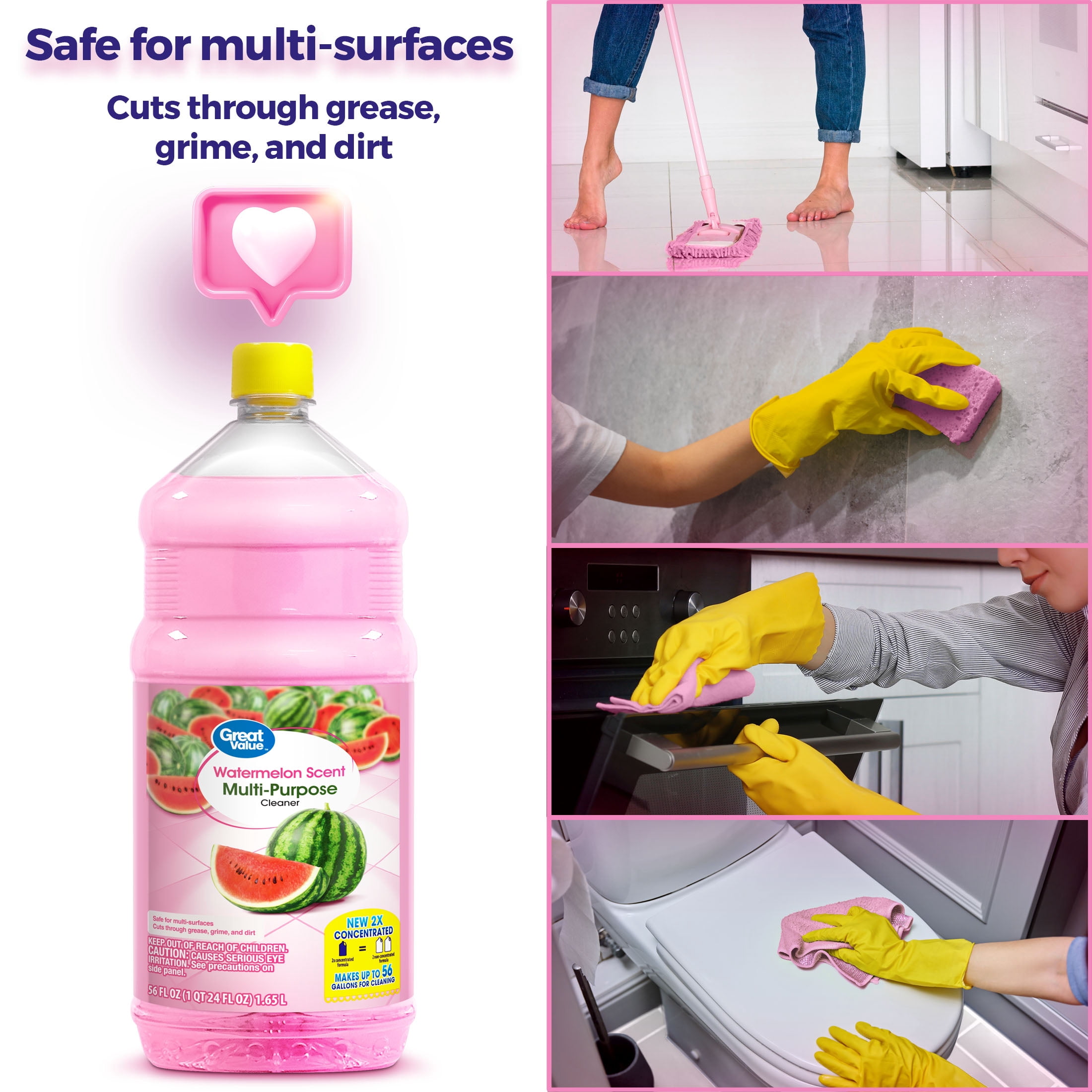 Great Value Multi-Purpose Cleaner & Floor Cleaner 2x Concentrated, Watermelon, 56 fl oz