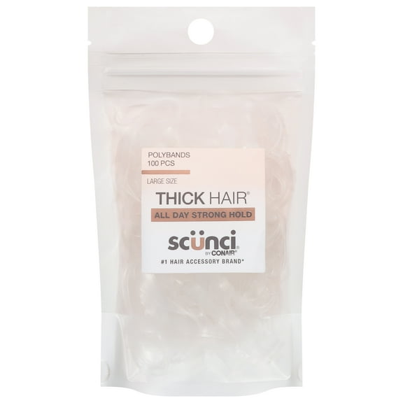 Scunci Thick Hair Polyband Ponytail Hair Ties, Clear, 100 Count