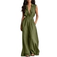 thumbnail image 2 of Costeam Womens Sleeveless Collared V Neck Full Length Jumpsuit Dual Side Slip Pockets Drawstring Cinched Elastic High Waist Lightweight Flowey Wide Leg One Piece Casual Outfit, 2 of 7