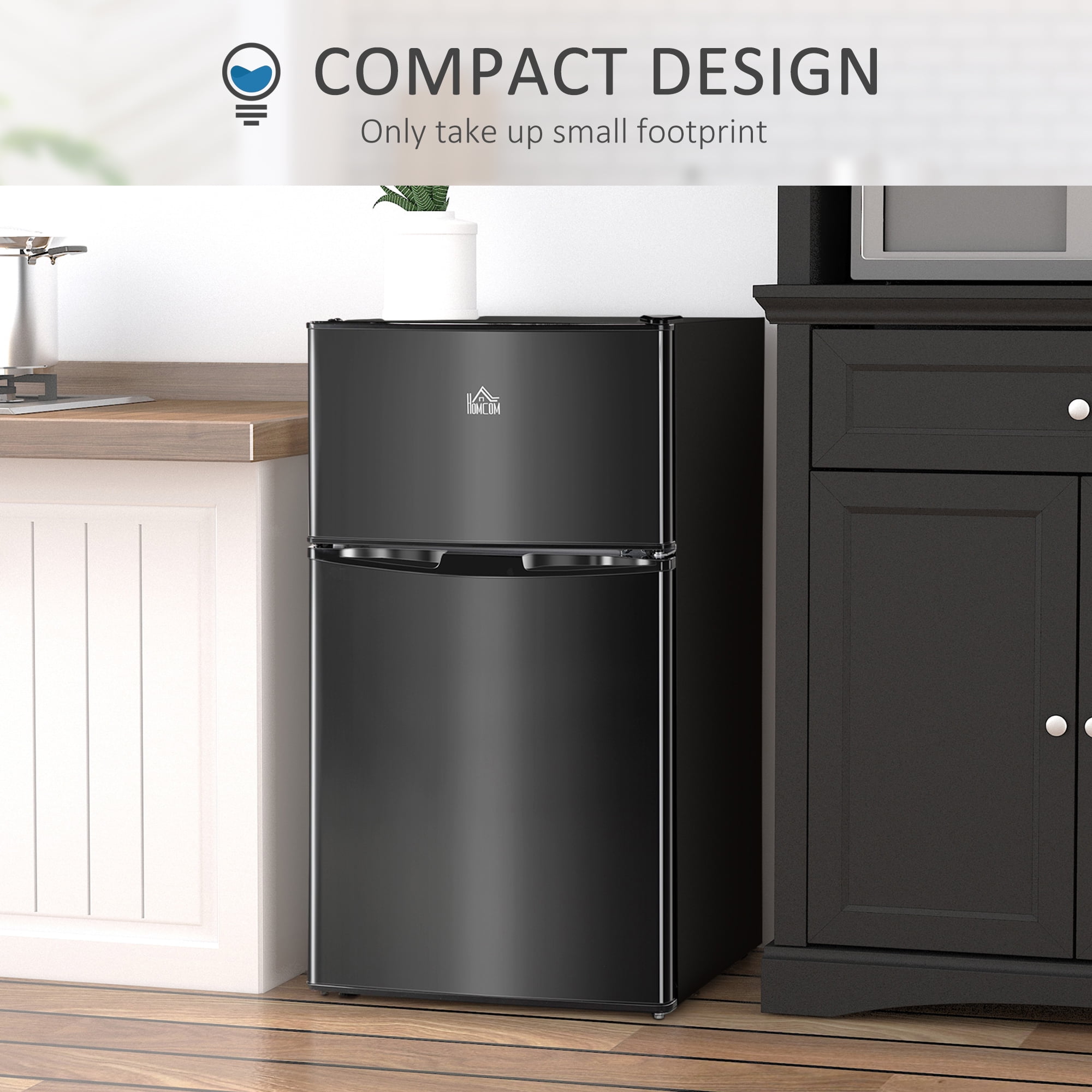 Kitchen Refrigerators HOMCOM 3.2 Cu.Ft Mini Fridge with Freezer, Double Door Compact Refrigerator with Adjustable Thermostat, Shelf and Reversible Door for Bedroom, Dorm, Home Office, Energy Efficie
