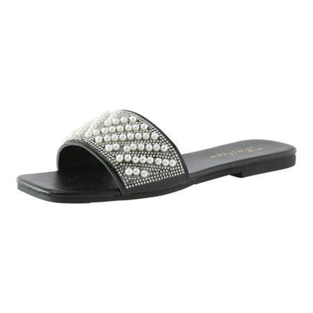 

Fashion Spring Summer Women Slippers Flat Bottom Lightweight Pearl Sequins Solid Open Toe Comfortable Beach Style