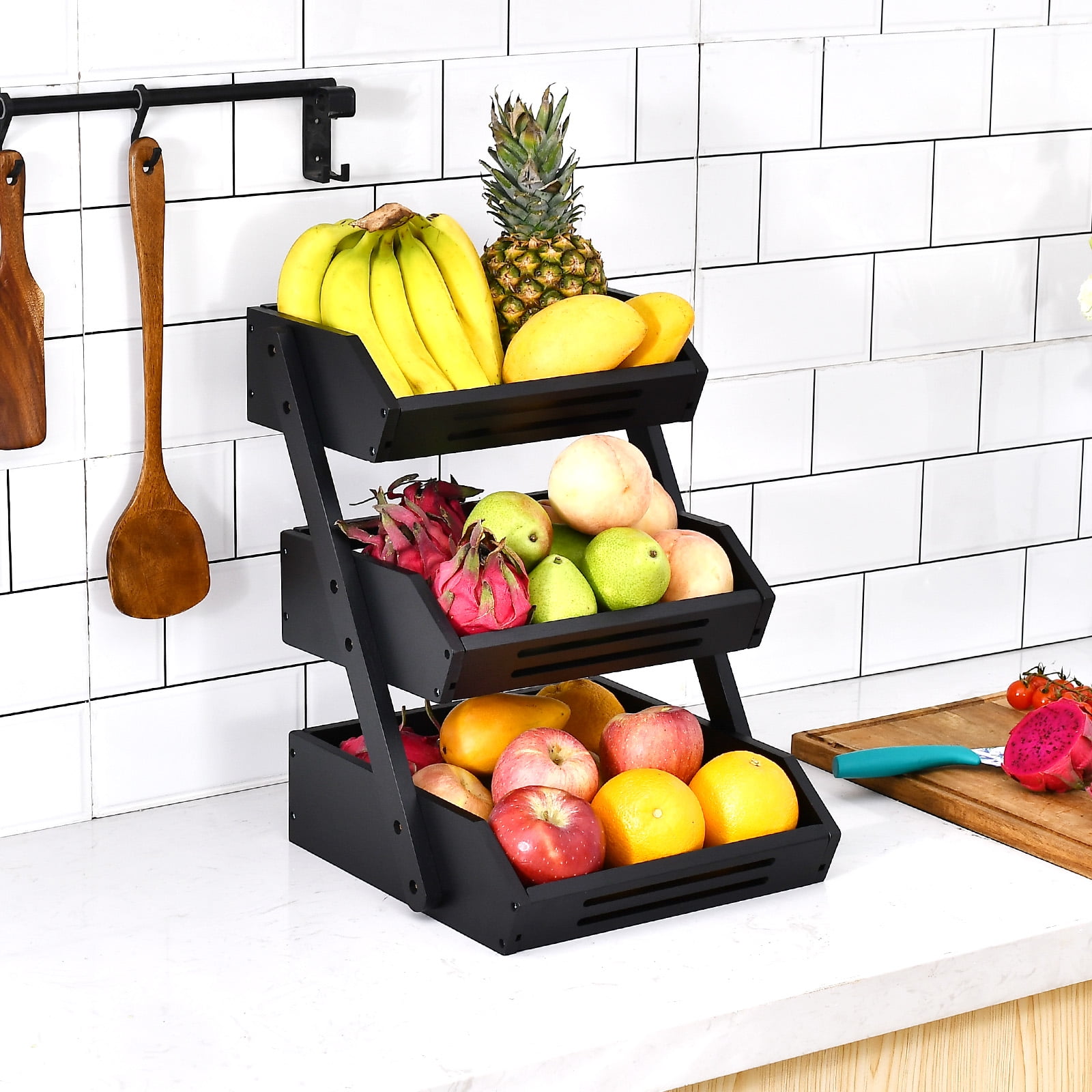 Fruit Basket, 3 Tier Bamboo Fruit Bowl for Kitchen Counter, Fruit Stand Storage Holder for Vegetables and Snack, 15 mm Thickness (Self-Assembly)