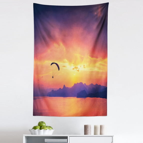 Sports Tapestry, Paragliding Silhouette over Sea at Sunset with Reflection of Sun Epic Ocean Scenery, Fabric Wall Hanging Decor for Bedroom Living Room Dorm, 5 Sizes, Orange, by Ambesonne