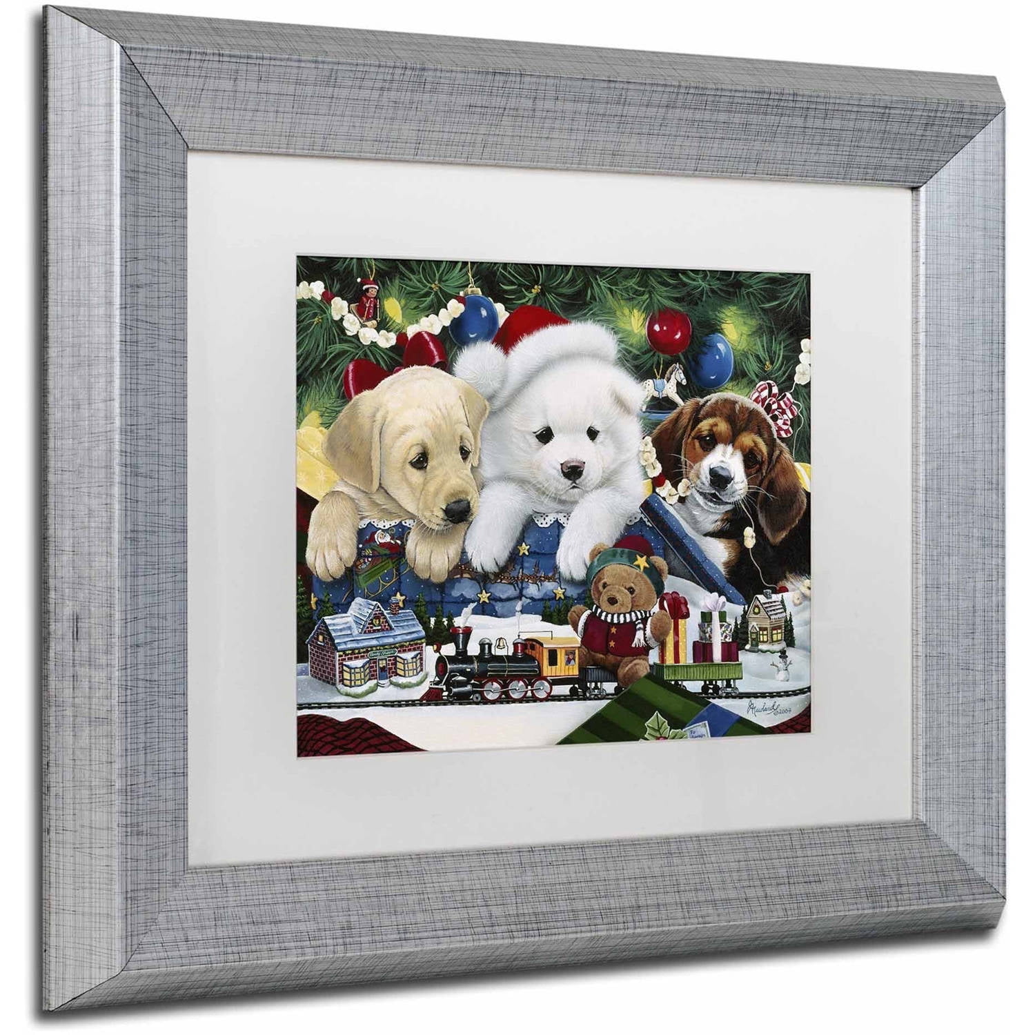 Trademark Fine Art 'Curious Christmas Pups' Canvas Art by Jenny Newland, White Matte, Silver Frame