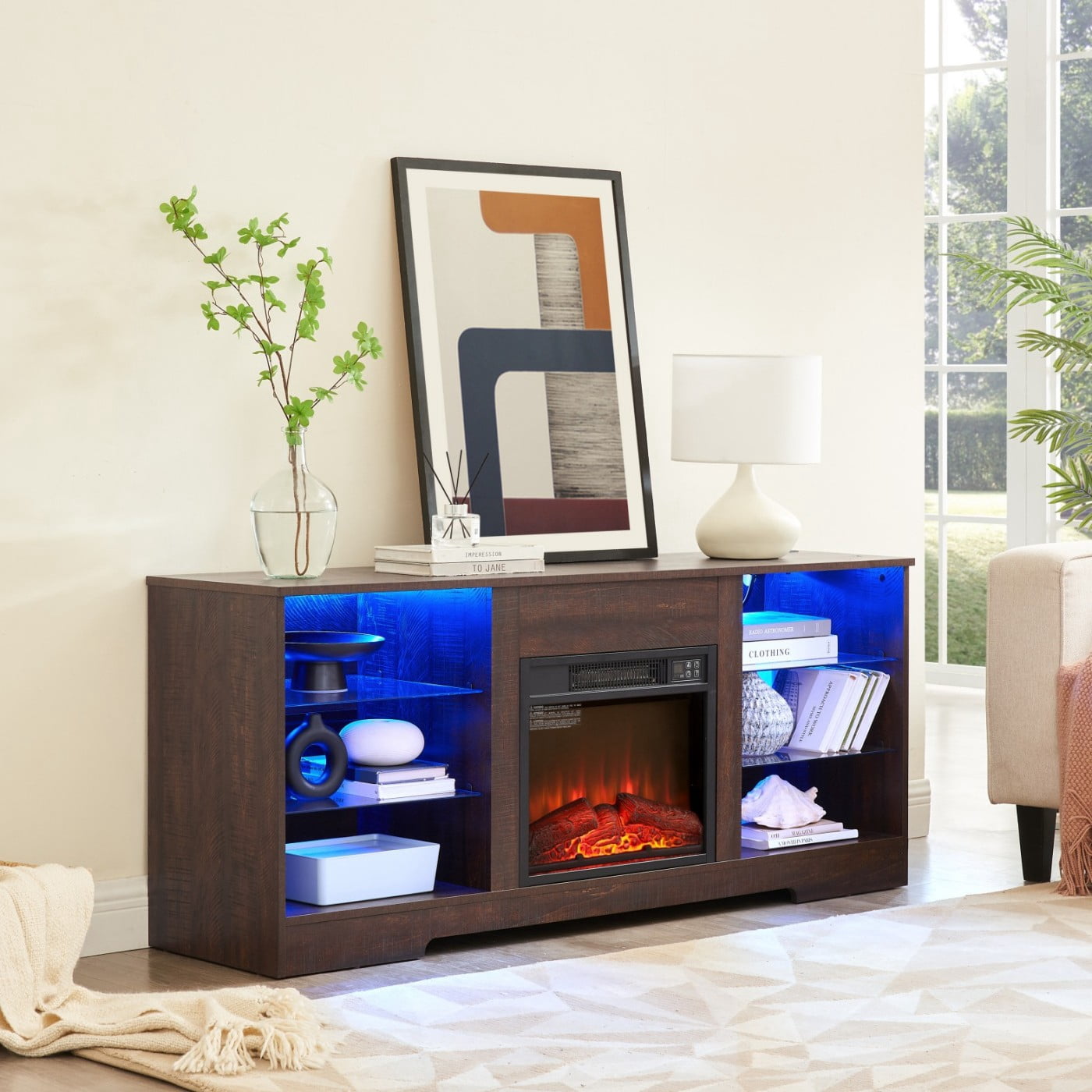 Electric Fireplace TV Stand for 65 Inch TV, 58" Modern Entertainment Center with LED Lights & Glass Shelves, 3D Flame Media Console with Storage Cabinet USB Charging Outlet, Espresso