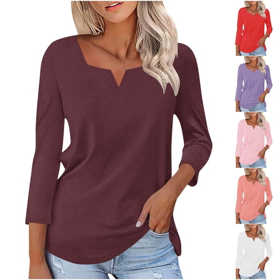 Aboser Dressy Tunic Tops for Women 3/4 Sleeve Spring T Shirts Casual Notch V Neck Shirt Breathable Soft Plain Top Loose Fit Basic Tees