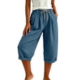 thumbnail image 4 of Nhthy Women's Solid Drawstring Waist Casual Capri Pants, Relaxed 7/8 Cropped Trousers with Side Pockets for Home Lounge Daily Blue M, 4 of 6