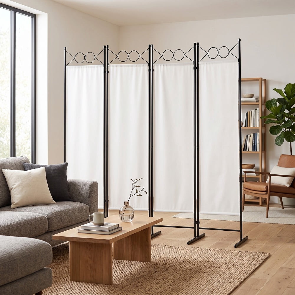 4‑Panel Folding Room Divider, 6 FT Privacy Screen with 160g Polyester Fabric & Carbon Steel Frame, Plastic Feet Freestanding Partition Screen for Home Office, Off‑White