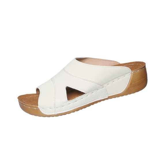 Womens White Wedge Slide Sandals, Open Toe Comfortable Low Heel Shoes with Cushioned Footbed,Size 7.5