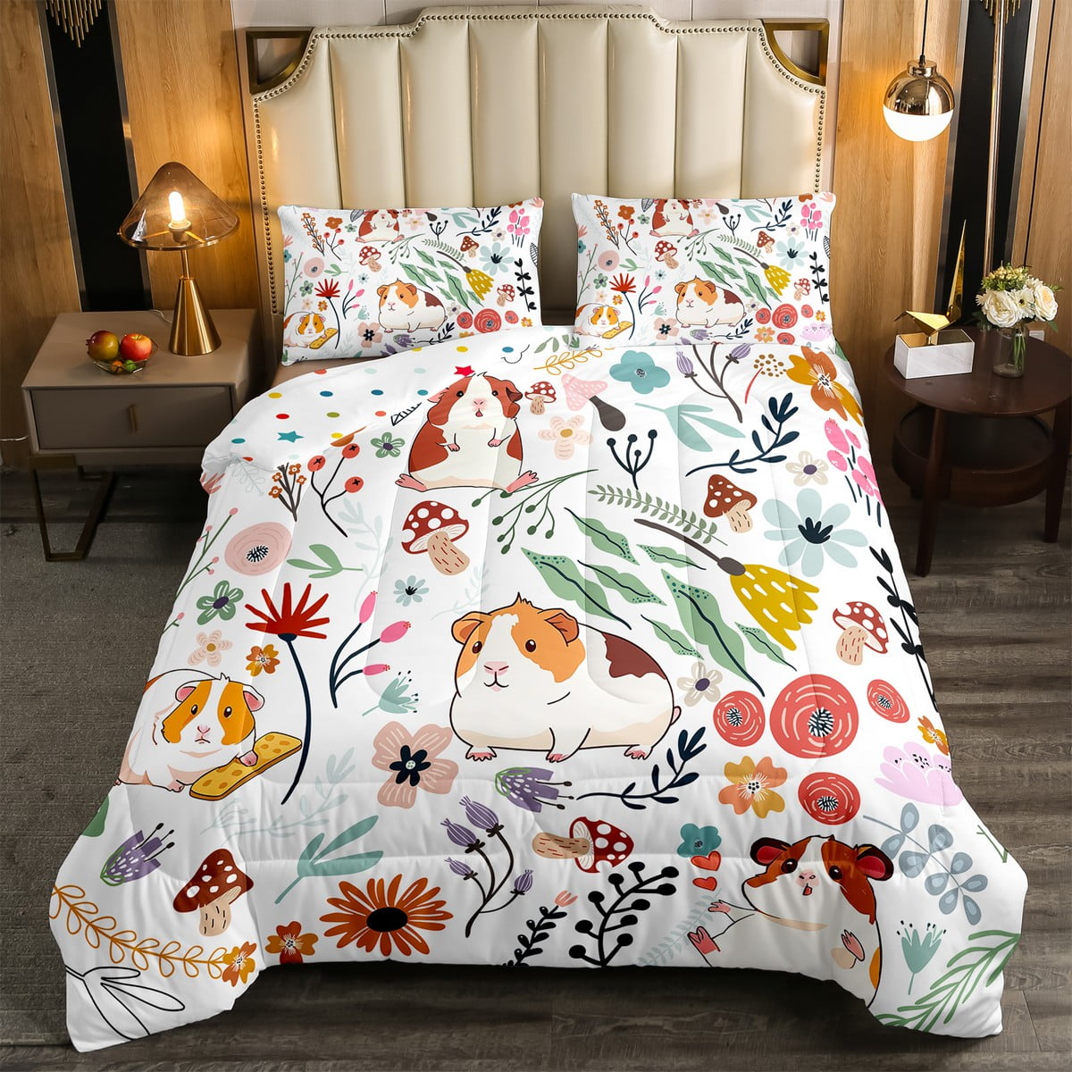 Cute Guinea Pig Comforter Set Mushroom Floral Queen Bedding Sets