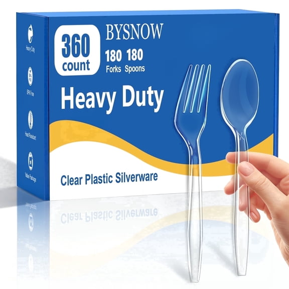 BYSNOW 360 Pack Clear Plastic Forks and Spoons, Disposable Silverware, Utensils Cutlery Set, 180 Forks, 180 Spoons